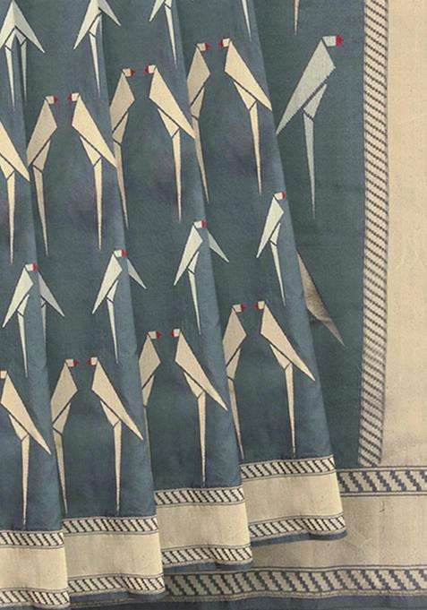 Grey Handwoven Benarasi Silk Saree With Bird Motifs Diagonal Stripes In Zari Border Grey With Buttas And Brocade Design For Women