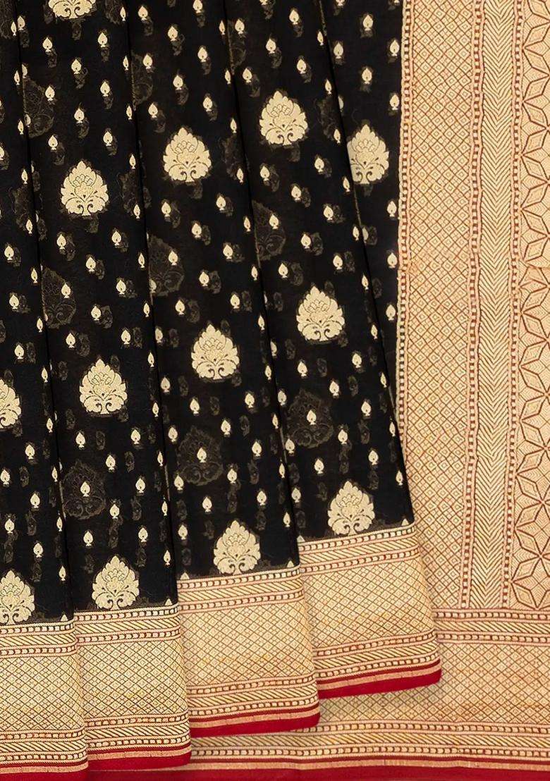Black Handwoven Banarasi Khaddi Georgette Saree With Maroon Border Black With Buttas And Brocade Design For Women - Indya