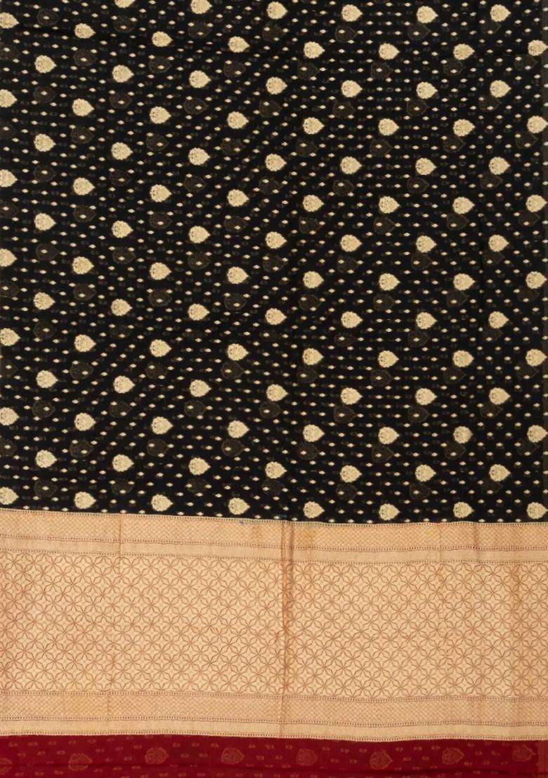Black Handwoven Banarasi Khaddi Georgette Saree With Maroon Border Black With Buttas And Brocade Design For Women - Indya