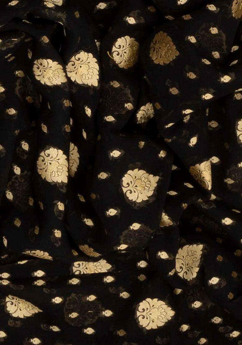 Black Handwoven Banarasi Khaddi Georgette Saree With Maroon Border Black With Buttas And Brocade Design For Women - Indya