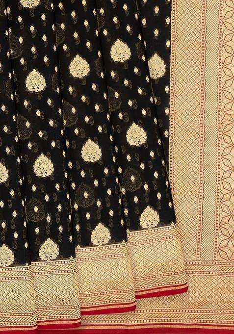 Black Handwoven Banarasi Khaddi Georgette Saree With Maroon Border Black With Buttas And Brocade Design For Women