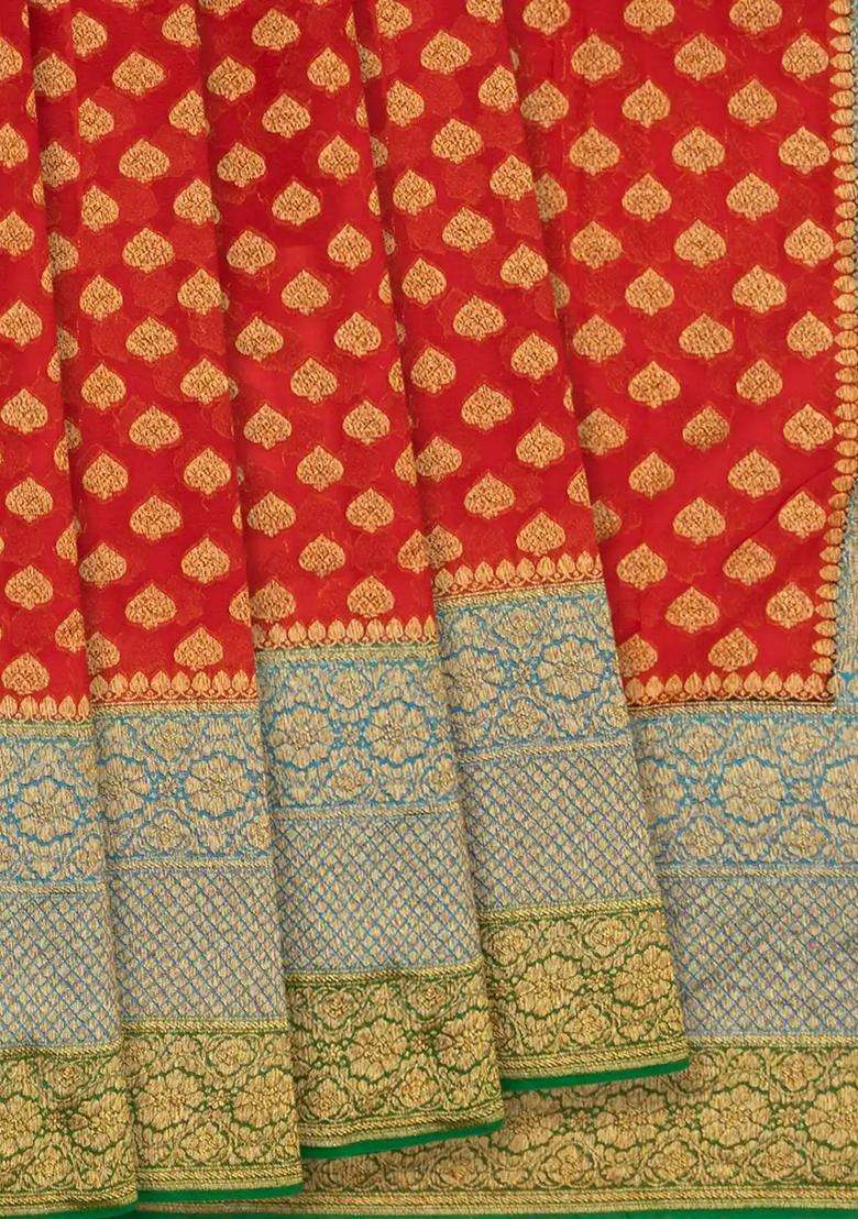 Red Banarasi Khaddi Georgette Saree With Contrast Green Border Red With Buttas And Brocade Design For Women - Indya
