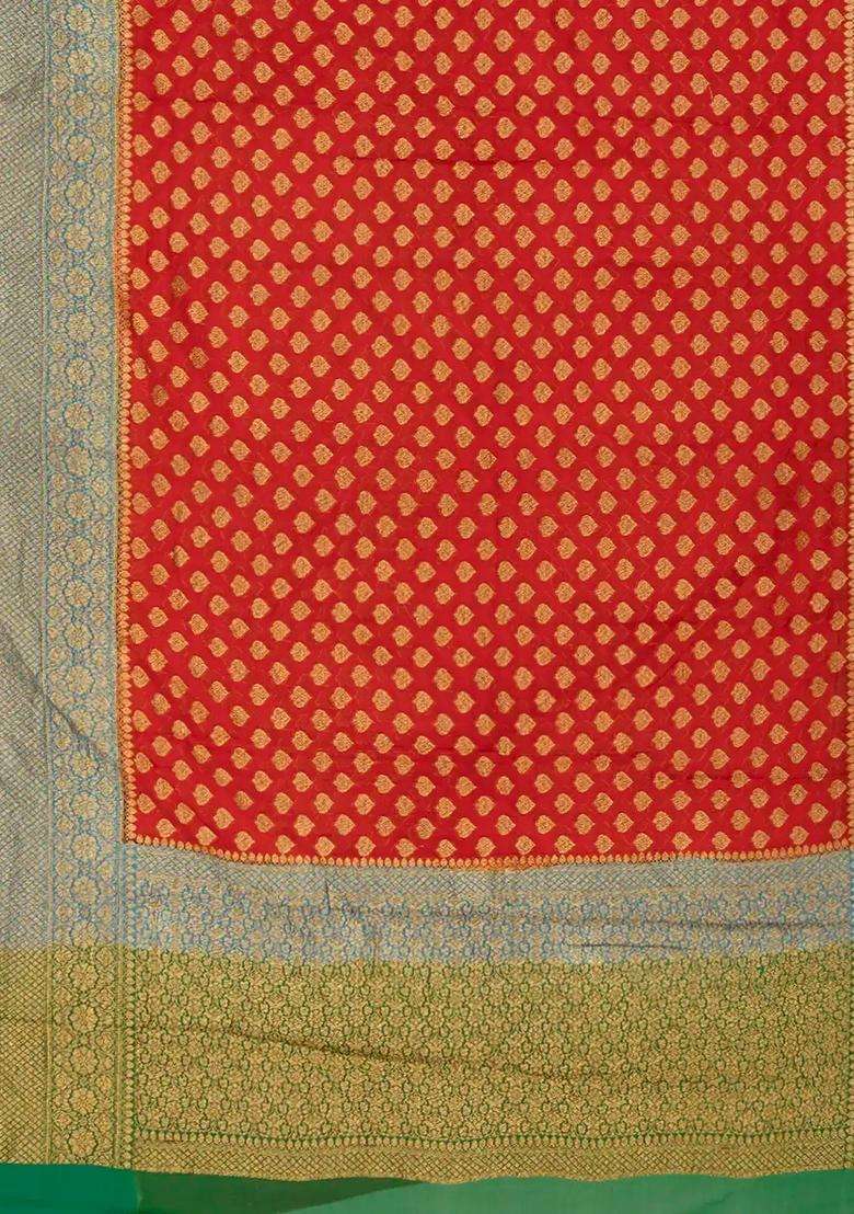 Red Banarasi Khaddi Georgette Saree With Contrast Green Border Red With Buttas And Brocade Design For Women - Indya