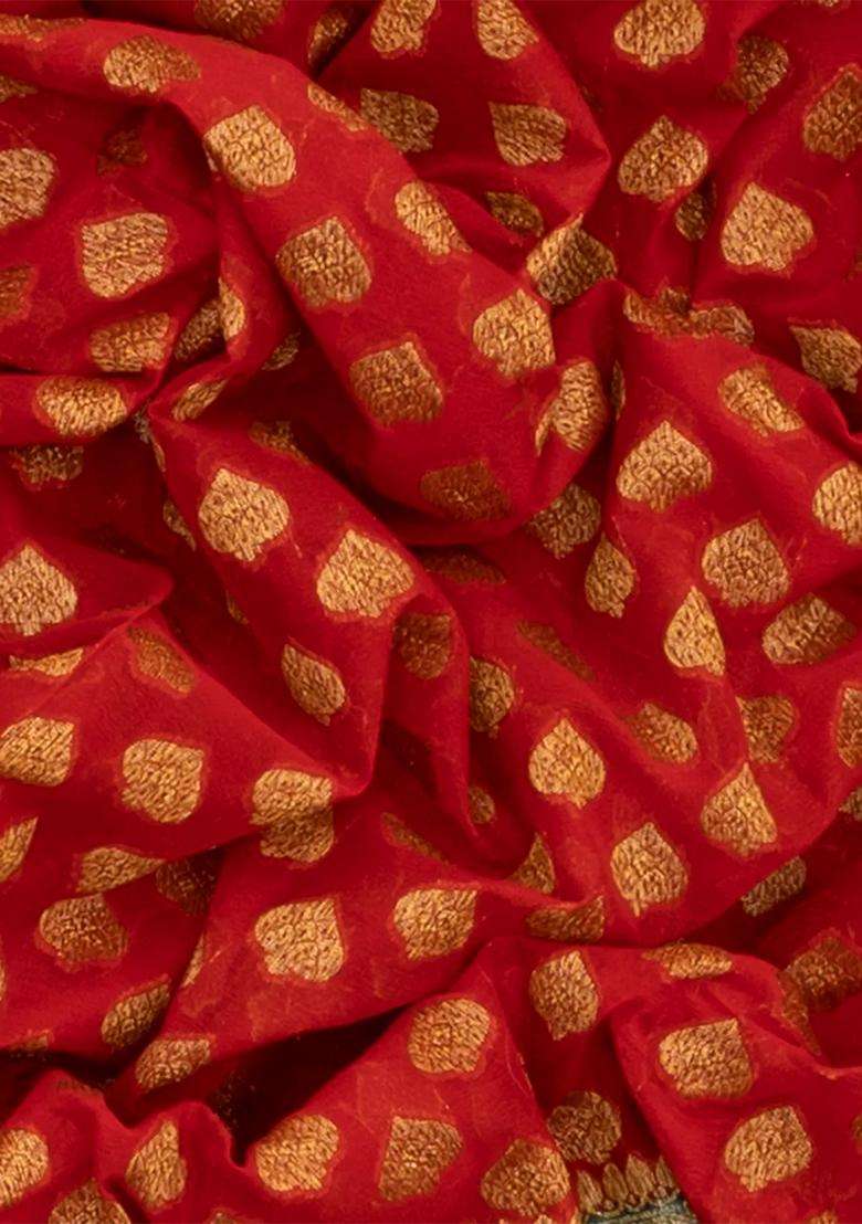 Red Banarasi Khaddi Georgette Saree With Contrast Green Border Red With Buttas And Brocade Design For Women - Indya