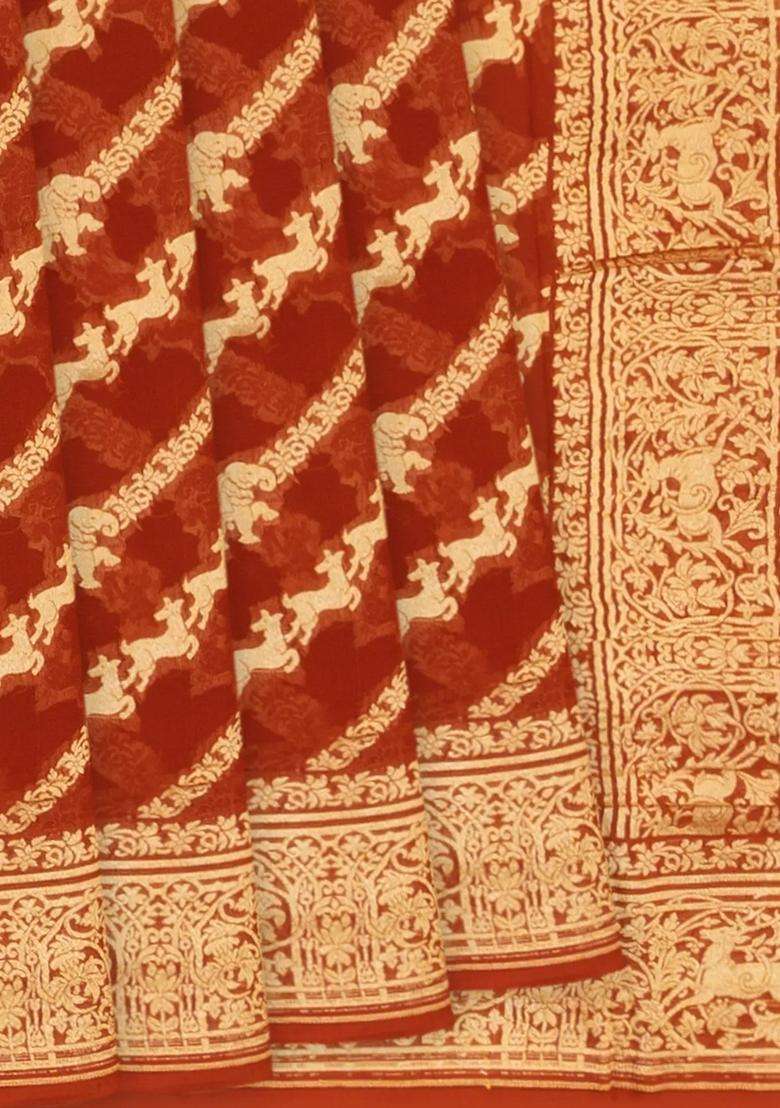 Crimson Banarasi Khaddi Georgette Saree With Diagonal Stripes Crimson With Buttas And Brocade Design For Women - Indya