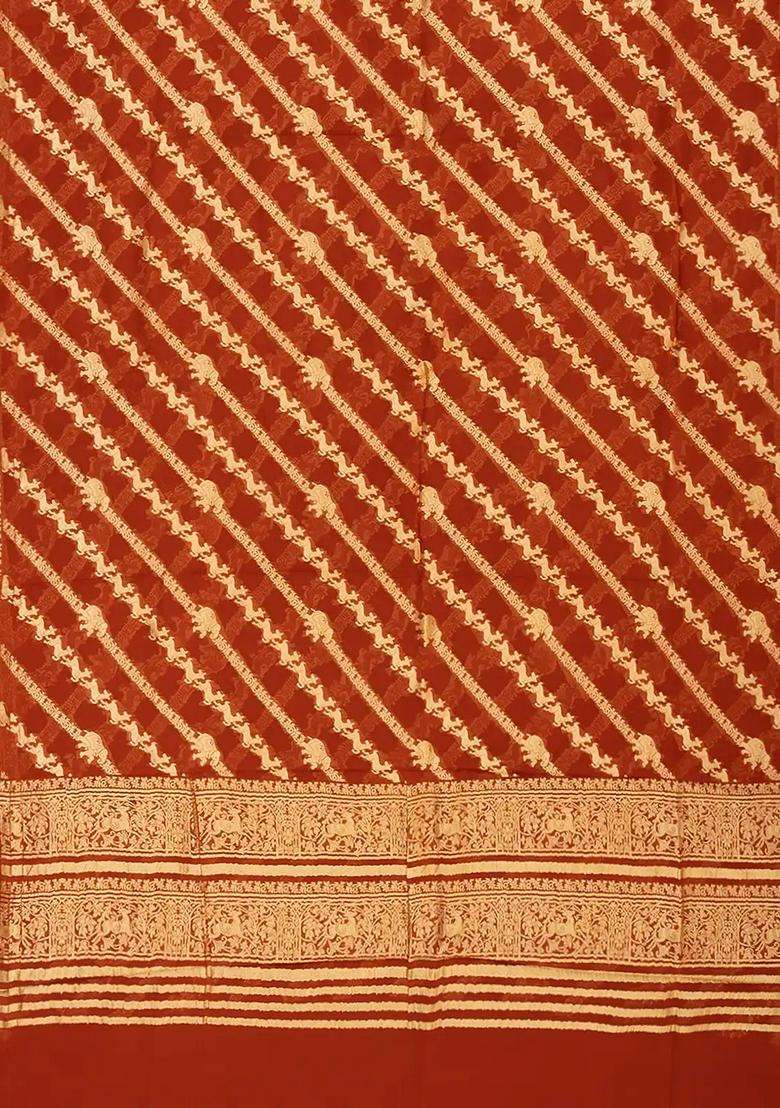 Crimson Banarasi Khaddi Georgette Saree With Diagonal Stripes Crimson With Buttas And Brocade Design For Women - Indya