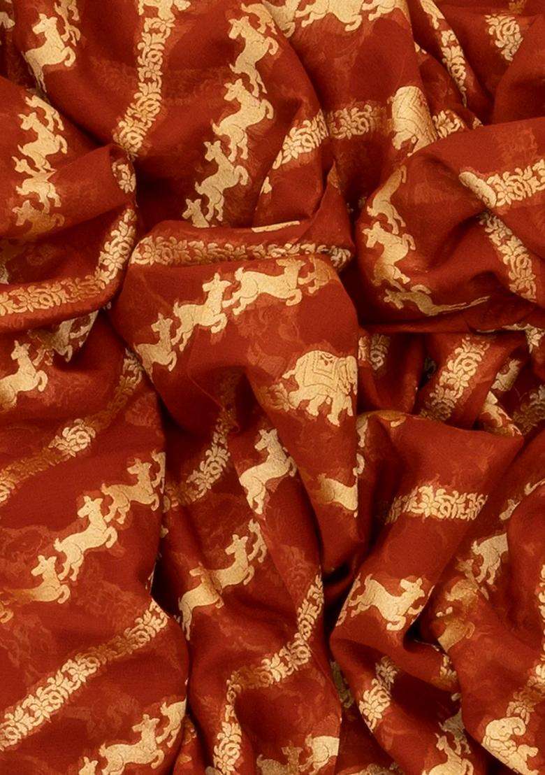 Crimson Banarasi Khaddi Georgette Saree With Diagonal Stripes Crimson With Buttas And Brocade Design For Women - Indya