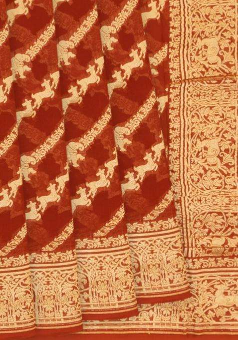 Crimson Banarasi Khaddi Georgette Saree With Diagonal Stripes Crimson With Buttas And Brocade Design For Women