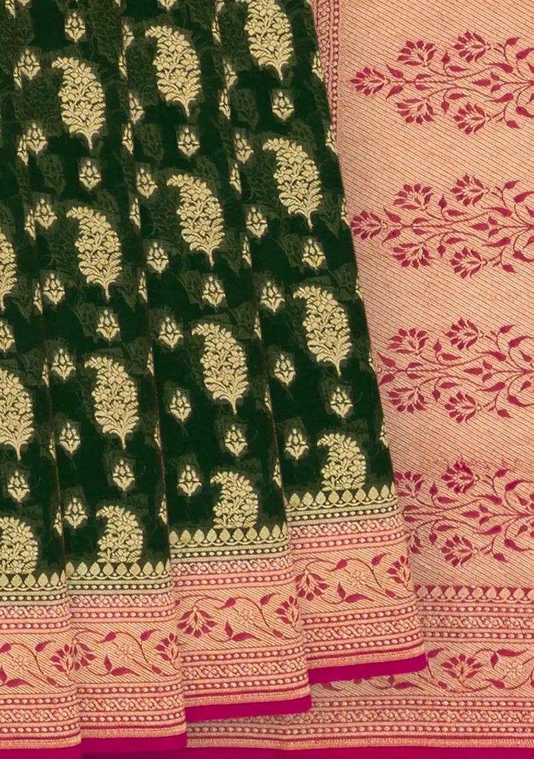Bottle Green Banarasi Khaddi Georgette Saree With Mango Motifs Bottle Green With Buttas And Brocade Design For Women - Indya