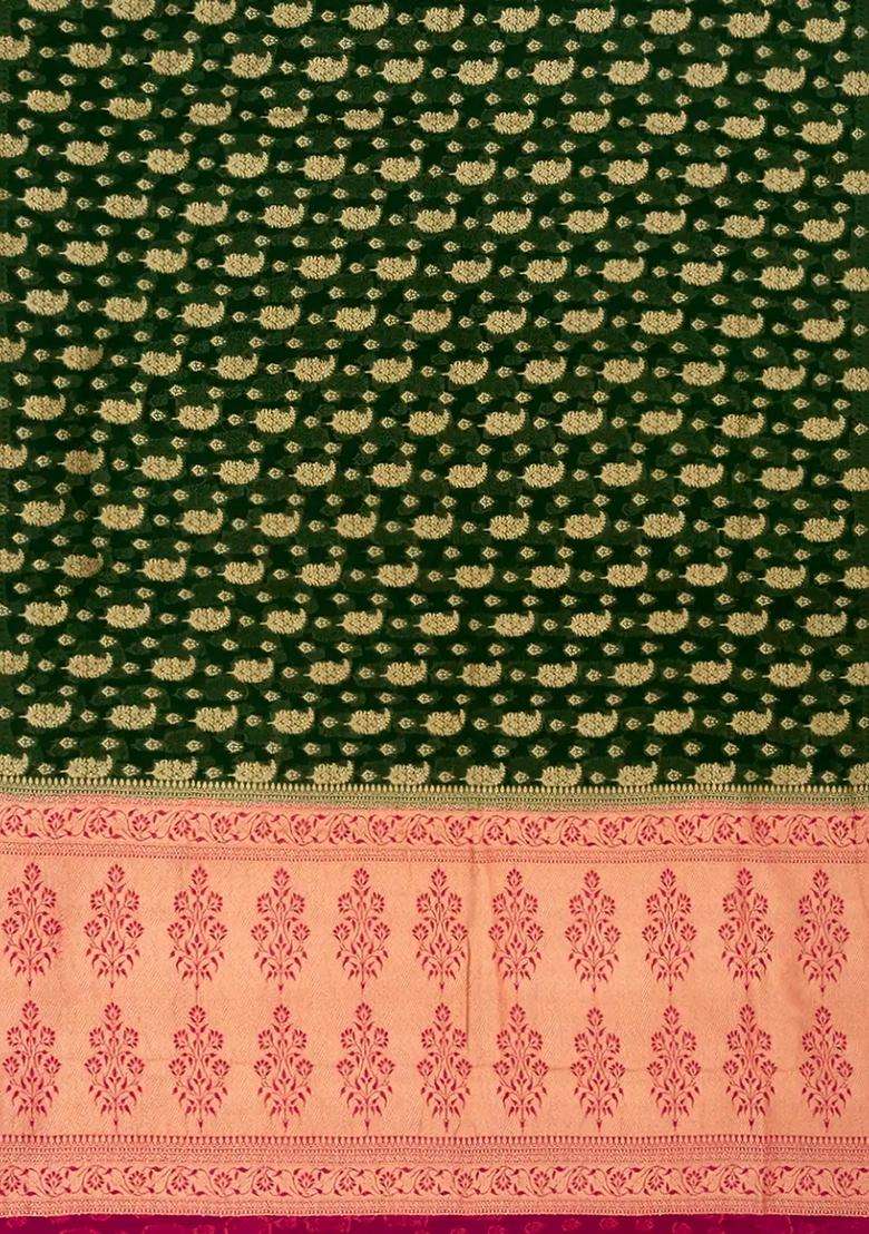 Bottle Green Banarasi Khaddi Georgette Saree With Mango Motifs Bottle Green With Buttas And Brocade Design For Women - Indya