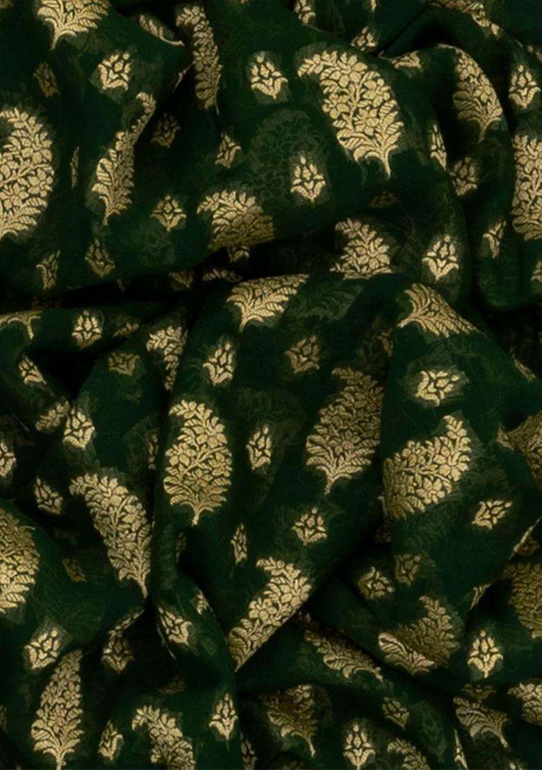 Bottle Green Banarasi Khaddi Georgette Saree With Mango Motifs Bottle Green With Buttas And Brocade Design For Women - Indya