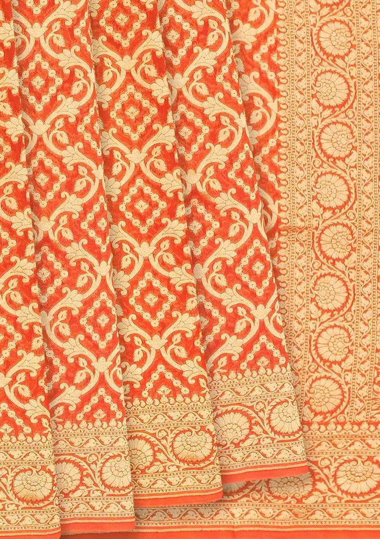 Orange Banarasi Khaddi Georgette Saree With Vine Motifs Orange With Buttas And Brocade Design For Women - Indya