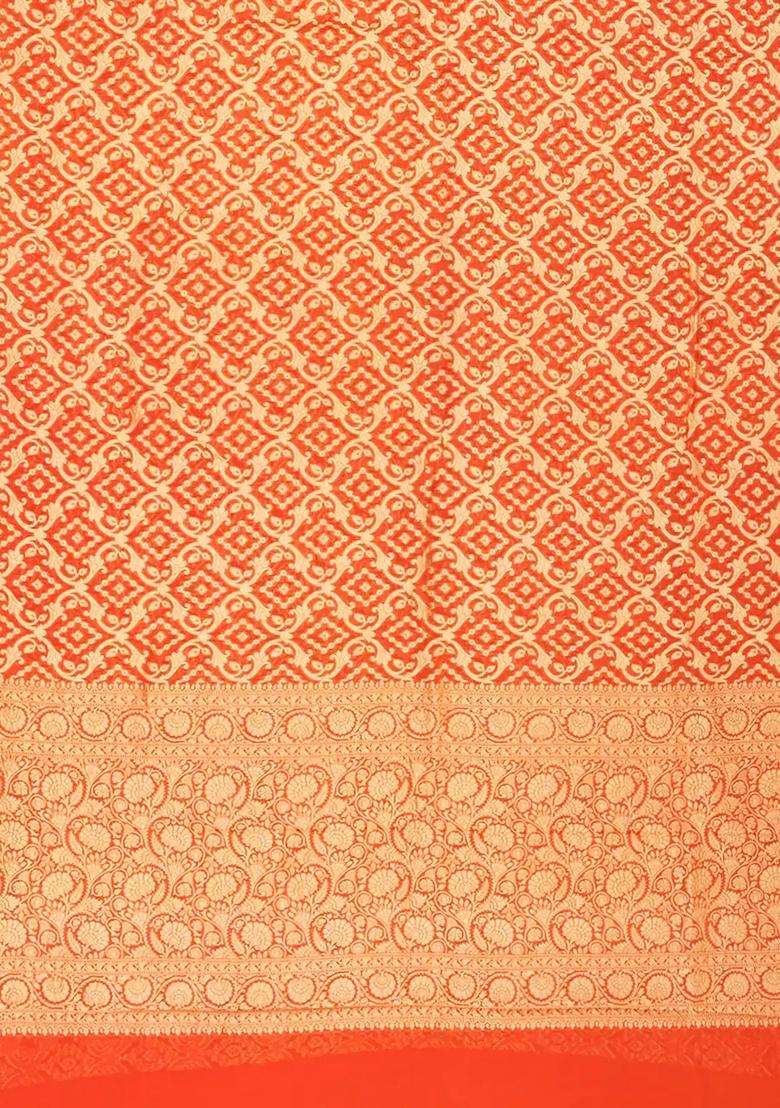 Orange Banarasi Khaddi Georgette Saree With Vine Motifs Orange With Buttas And Brocade Design For Women - Indya