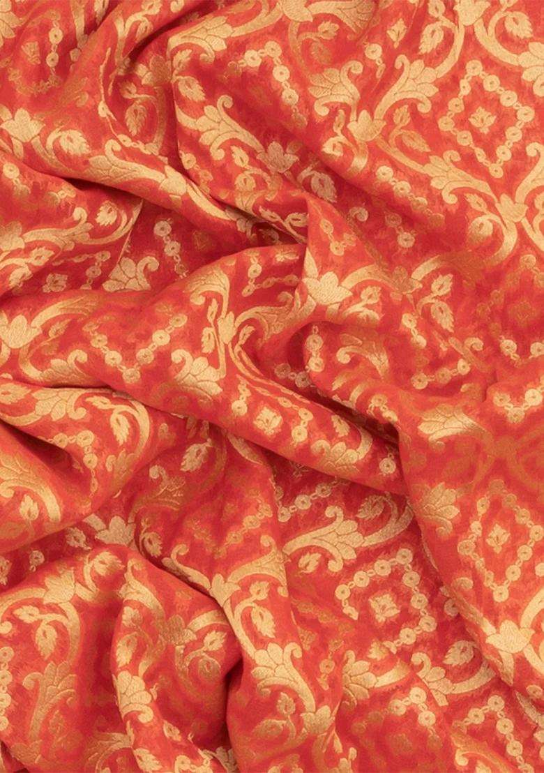 Orange Banarasi Khaddi Georgette Saree With Vine Motifs Orange With Buttas And Brocade Design For Women - Indya