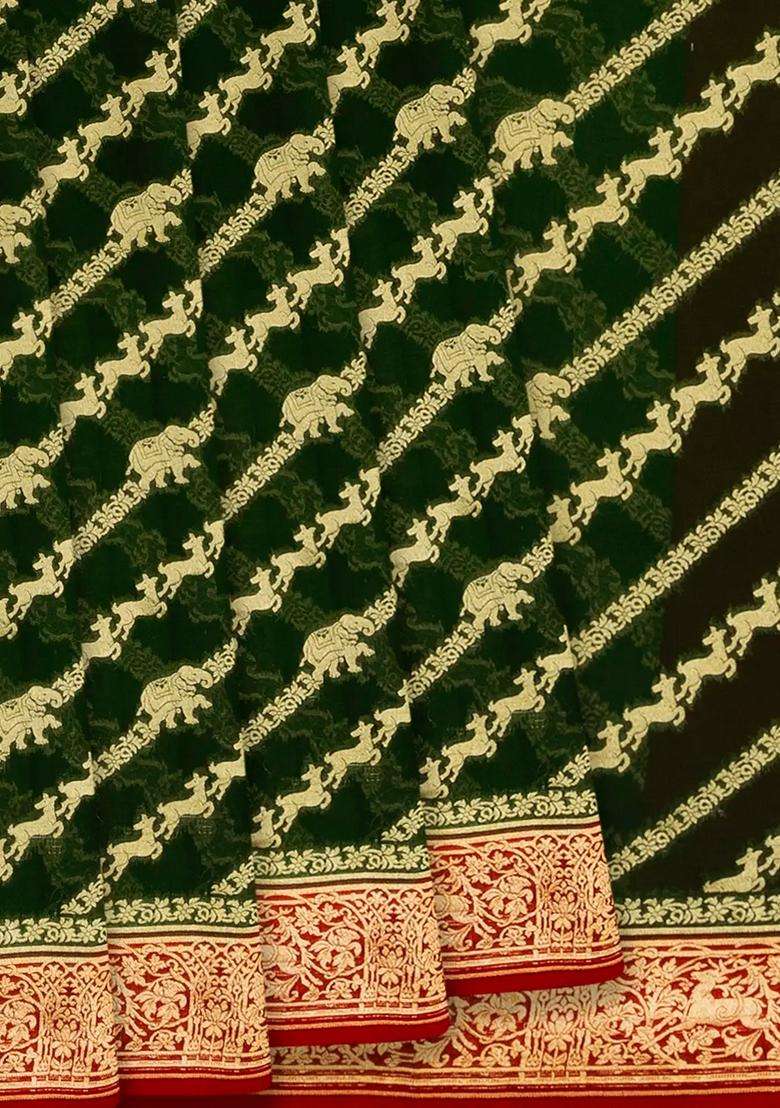 Dark Green Banarasi Khaddi Georgette Saree With Diagonal Stripes Dark Green With Buttas And Brocade Design For Women - Indya