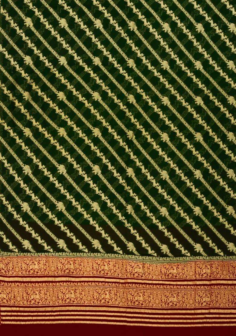Dark Green Banarasi Khaddi Georgette Saree With Diagonal Stripes Dark Green With Buttas And Brocade Design For Women - Indya