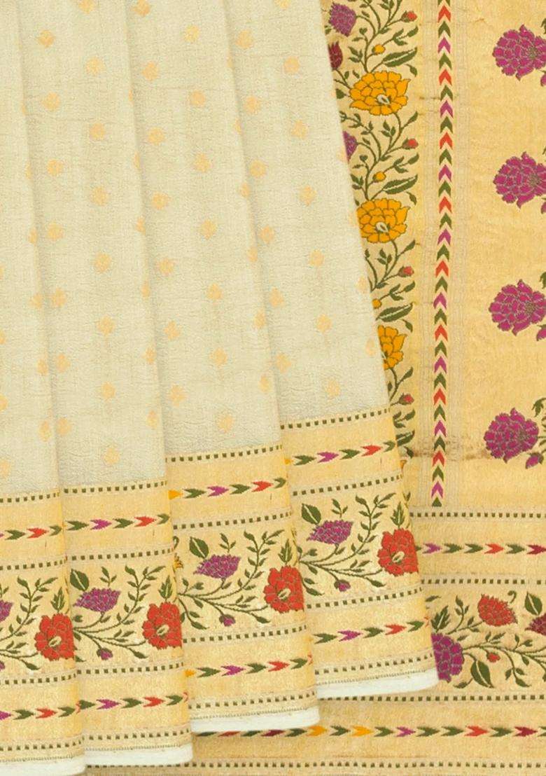 Cream Handwoven Banarasi Silk Saree With Floral Meena Border Cream With Buttas And Brocade Design For Women - Indya