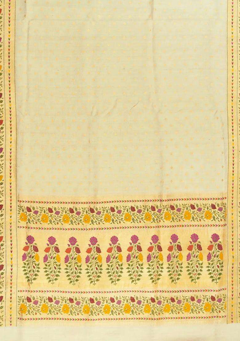 Cream Handwoven Banarasi Silk Saree With Floral Meena Border Cream With Buttas And Brocade Design For Women - Indya