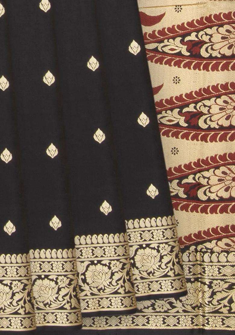 Black Banarasi Silk Saree With Floral Motifs Black With Buttas And Brocade Design For Women - Indya