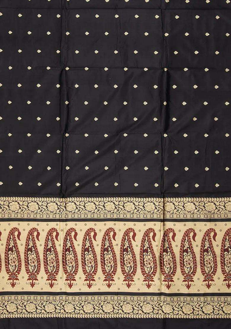Black Banarasi Silk Saree With Floral Motifs Black With Buttas And Brocade Design For Women - Indya
