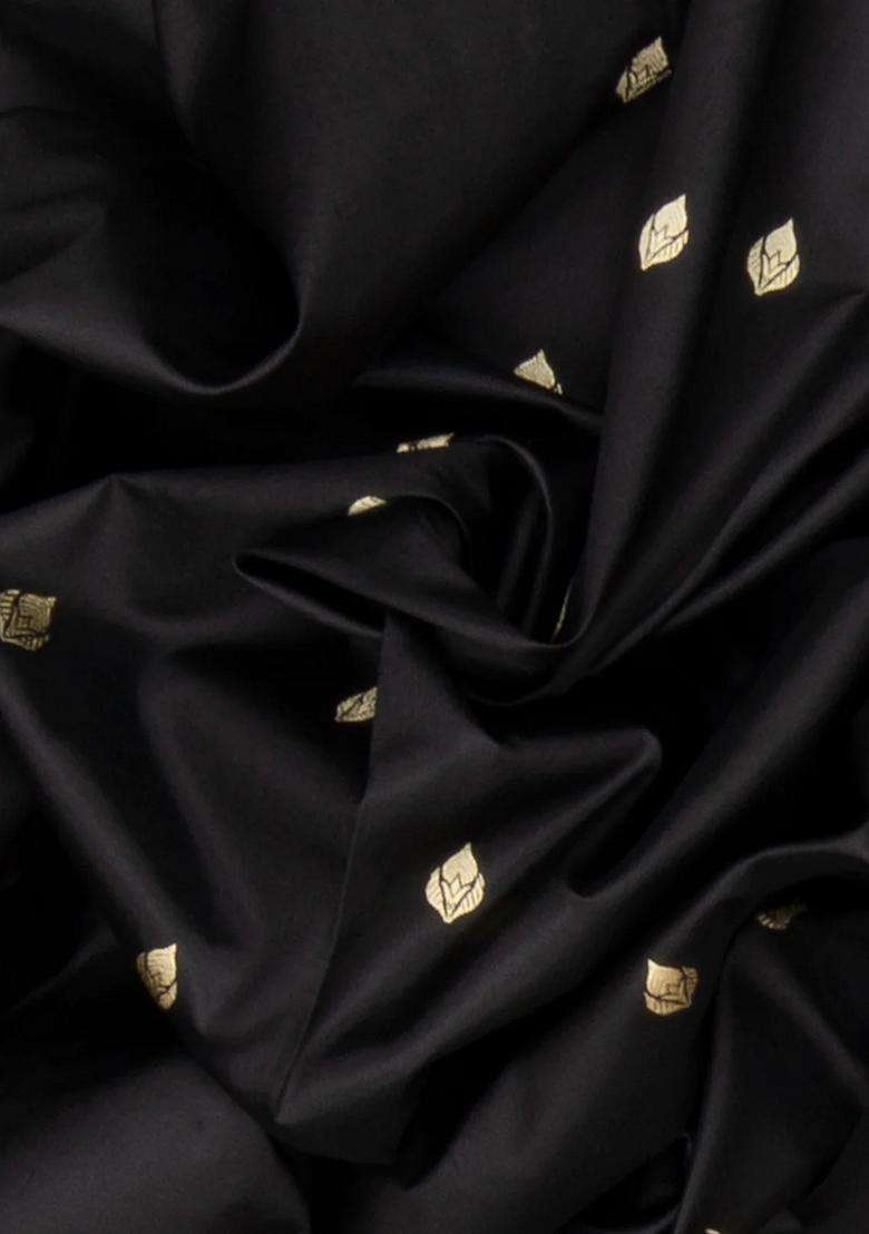 Black Banarasi Silk Saree With Floral Motifs Black With Buttas And Brocade Design For Women - Indya