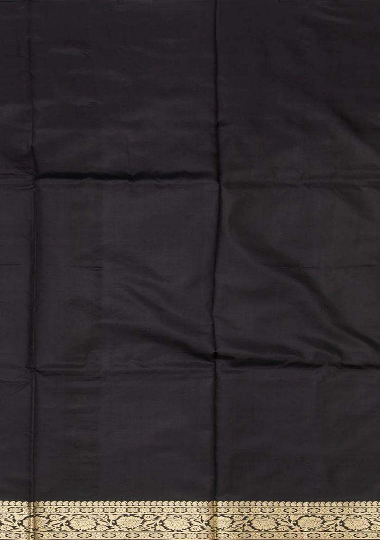 Black Banarasi Silk Saree With Floral Motifs Black With Buttas And Brocade Design For Women - Indya