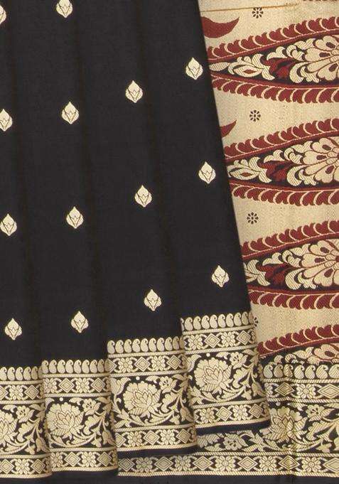 Black Banarasi Silk Saree With Floral Motifs Black With Buttas And Brocade Design For Women