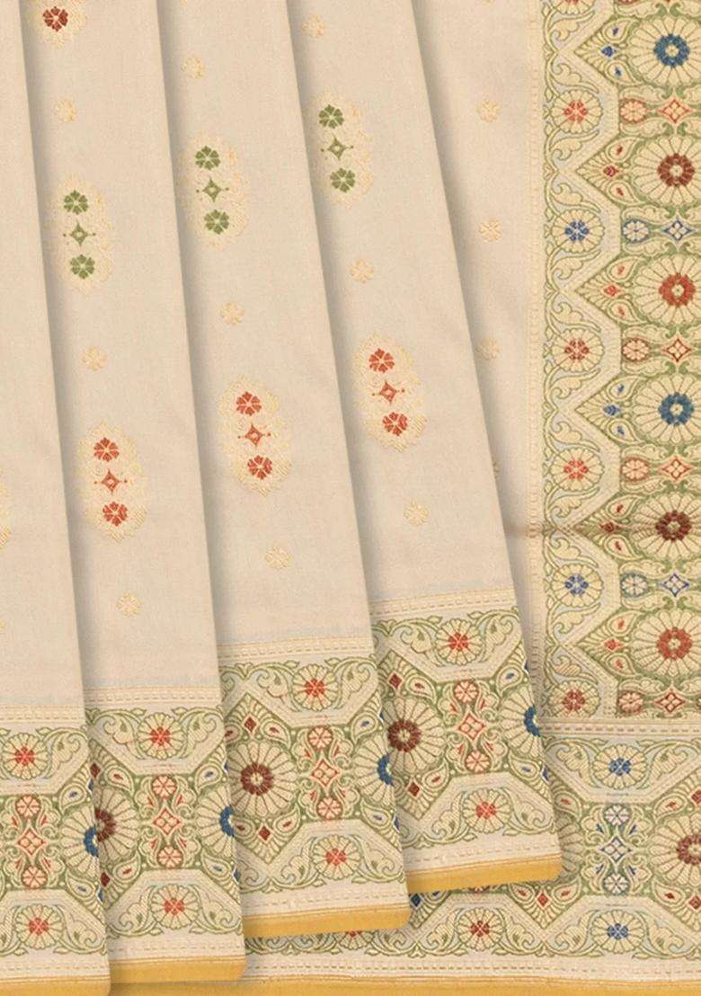 Cream Handloom Banarasi Silk Saree With Floral Meenakari Butta Border Cream With Buttas And Brocade Design For Women - Indya