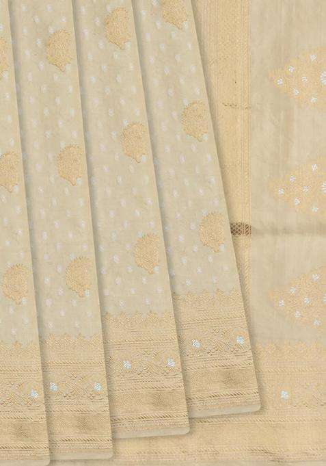 Beige Handloom Banarasi Silk Saree With Paisley Butta Beige With Buttas And Brocade Design For Women