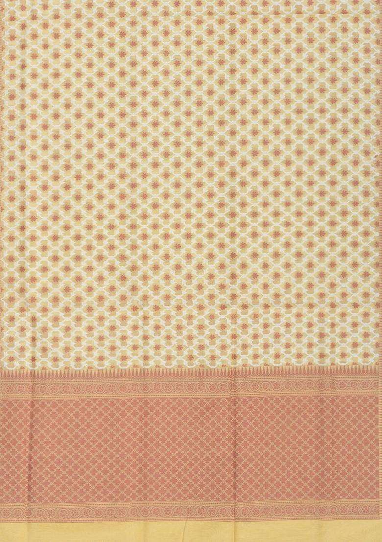 Sandal Handloom Banarasi Cotton Saree With Floral Jaal Motifs Sandal With Buttas And Brocade Design For Women - Indya