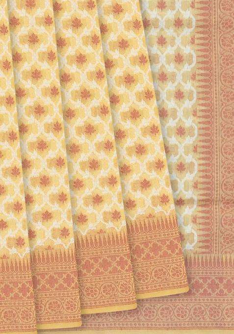 Sandal Handloom Banarasi Cotton Saree With Floral Jaal Motifs Sandal With Buttas And Brocade Design For Women