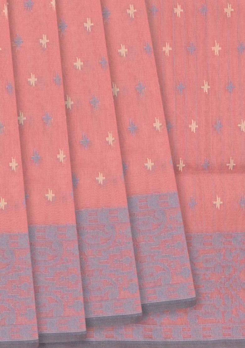 Dusty Pink Handloom Banarasi Cotton Saree With Floral Grey Border Dusty Pink With Buttas And Brocade Design For Women - Indya
