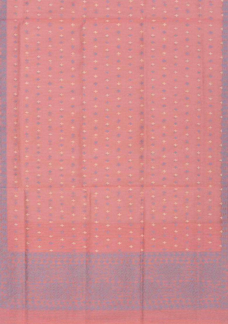 Dusty Pink Handloom Banarasi Cotton Saree With Floral Grey Border Dusty Pink With Buttas And Brocade Design For Women - Indya