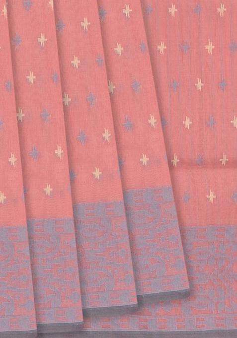 Dusty Pink Handloom Banarasi Cotton Saree With Floral Grey Border Dusty Pink With Buttas And Brocade Design For Women