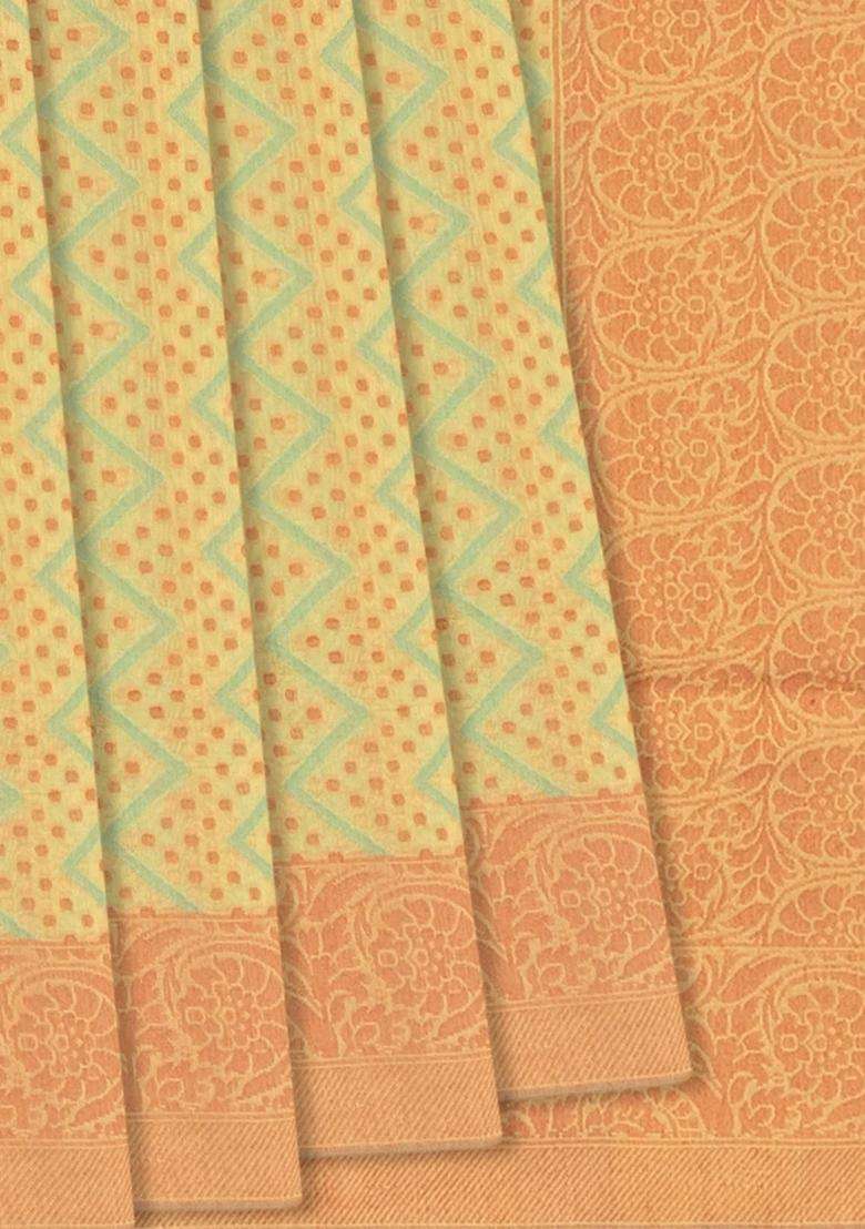 Cardamom Green Handloom Banarasi Cotton Saree With Chevron Motifs Cardamom Green With Checks And Stripes Design For Women - Indya