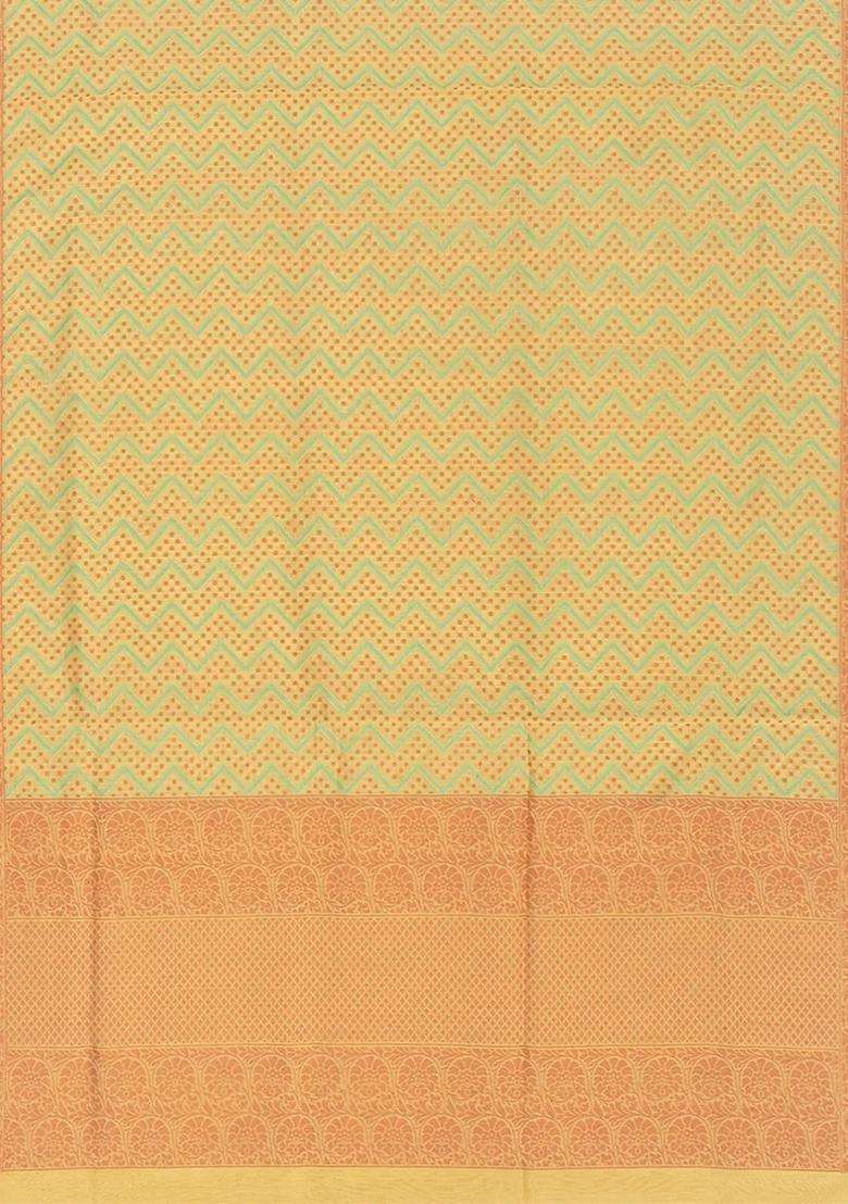 Cardamom Green Handloom Banarasi Cotton Saree With Chevron Motifs Cardamom Green With Checks And Stripes Design For Women - Indya