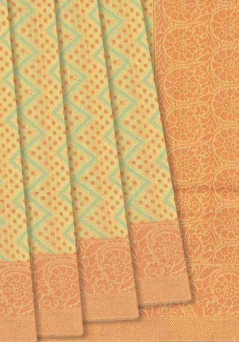 Cardamom Green Handloom Banarasi Cotton Saree With Chevron Motifs Cardamom Green With Checks And Stripes Design For Women
