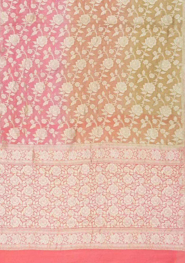 Multi Color Handloom Banarasi Khaddi Georgette Saree With Floral Motifs Peach Border Multi Colour With Buttas And Brocade Design For Women - Indya