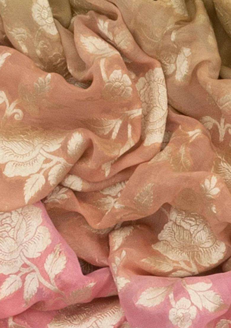 Multi Color Handloom Banarasi Khaddi Georgette Saree With Floral Motifs Peach Border Multi Colour With Buttas And Brocade Design For Women - Indya