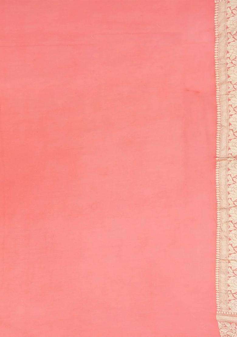 Multi Color Handloom Banarasi Khaddi Georgette Saree With Floral Motifs Peach Border Multi Colour With Buttas And Brocade Design For Women - Indya