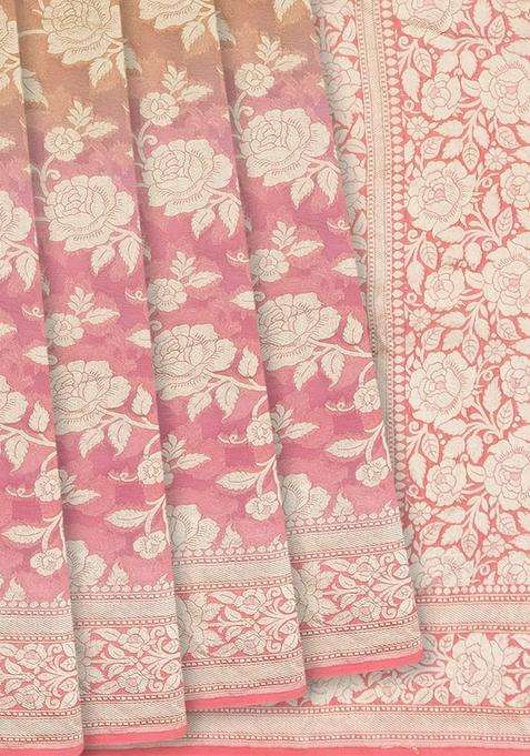 Multi Color Handloom Banarasi Khaddi Georgette Saree With Floral Motifs Peach Border Multi Colour With Buttas And Brocade Design For Women