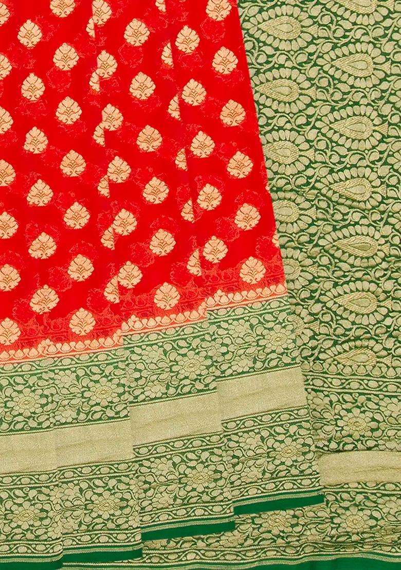 Red Handloom Banarasi Khaddi Georgette Saree With Floral Motifs Green Border Red With Buttas And Brocade Design For Women - Indya