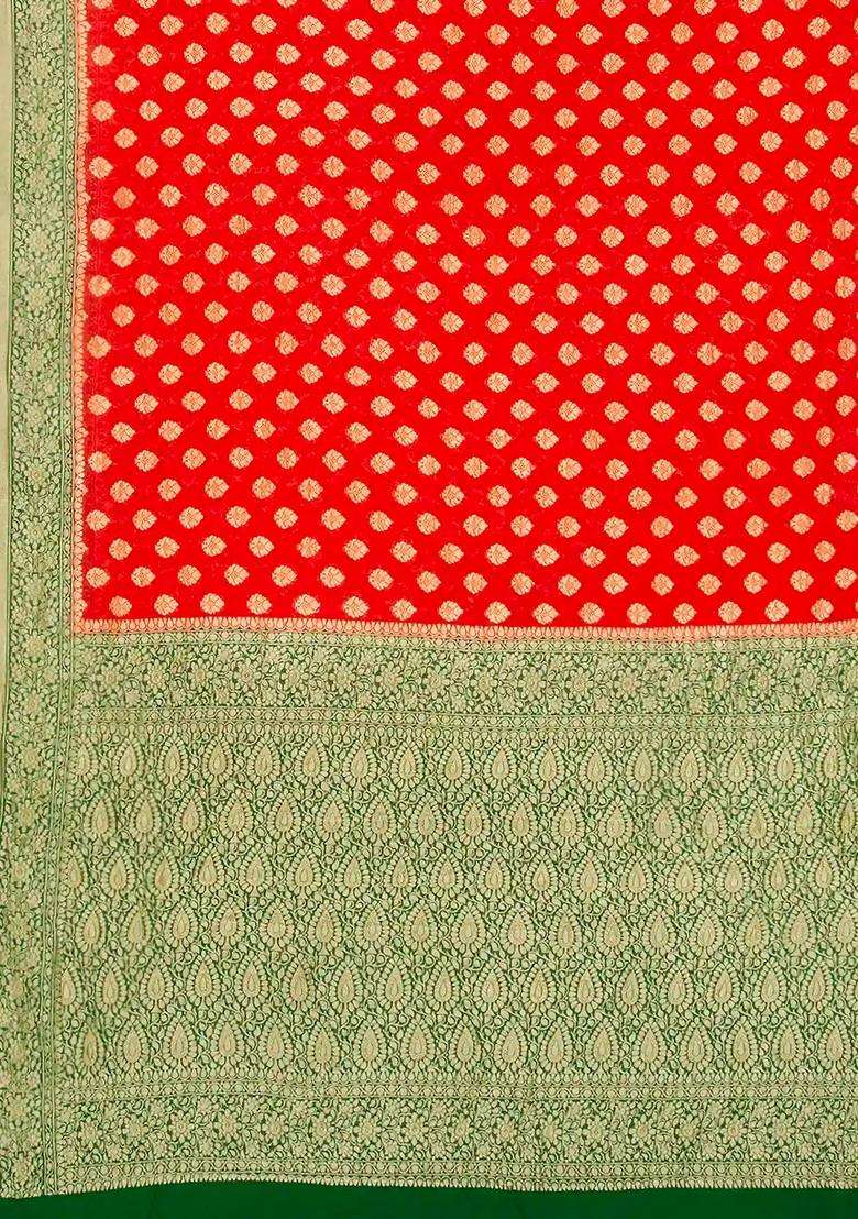 Red Handloom Banarasi Khaddi Georgette Saree With Floral Motifs Green Border Red With Buttas And Brocade Design For Women - Indya
