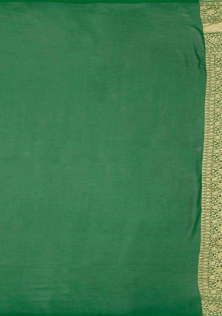 Red Handloom Banarasi Khaddi Georgette Saree With Floral Motifs Green Border Red With Buttas And Brocade Design For Women - Indya
