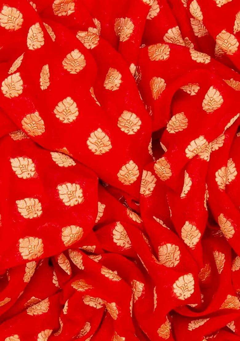 Red Handloom Banarasi Khaddi Georgette Saree With Floral Motifs Green Border Red With Buttas And Brocade Design For Women - Indya