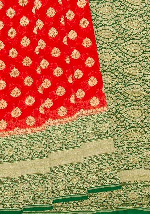 Red Handloom Banarasi Khaddi Georgette Saree With Floral Motifs Green Border Red With Buttas And Brocade Design For Women