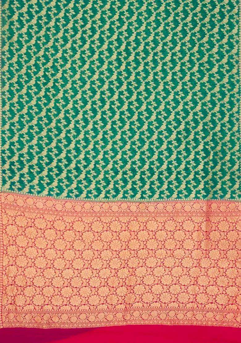 Sea Green Handloom Banarasi Khaddi Georgette Saree With Floral Motifs Pink Border Sea Green With Buttas And Brocade Design For Women - Indya