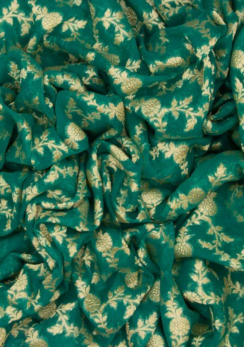 Sea Green Handloom Banarasi Khaddi Georgette Saree With Floral Motifs Pink Border Sea Green With Buttas And Brocade Design For Women - Indya