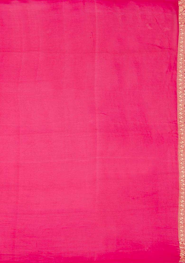 Sea Green Handloom Banarasi Khaddi Georgette Saree With Floral Motifs Pink Border Sea Green With Buttas And Brocade Design For Women - Indya