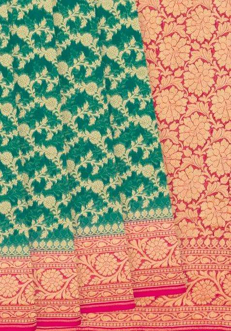 Sea Green Handloom Banarasi Khaddi Georgette Saree With Floral Motifs Pink Border Sea Green With Buttas And Brocade Design For Women